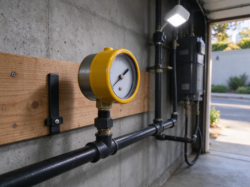 Pressure test gauge with a yellow cap on a new black iron gas line along a San Francisco garage wall
