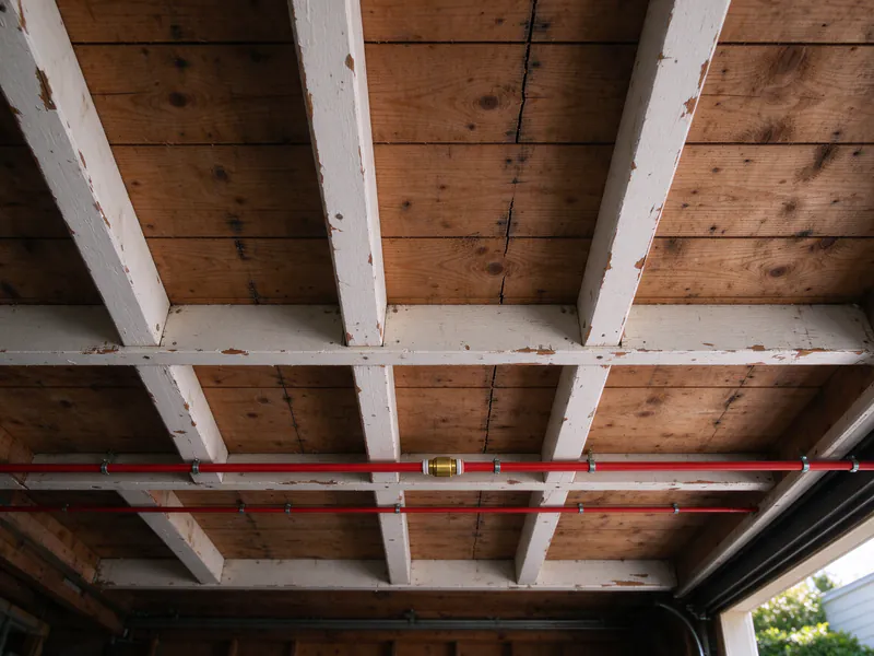Red PEX lines with a brass expansion coupling across garage ceiling joists