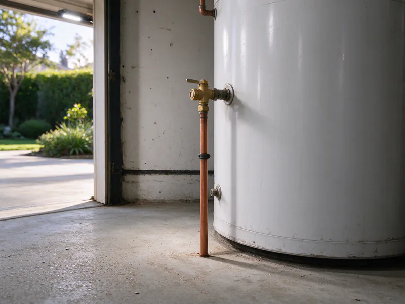 Relief valve with its copper discharge pipe running down beside a water heater to the garage floor