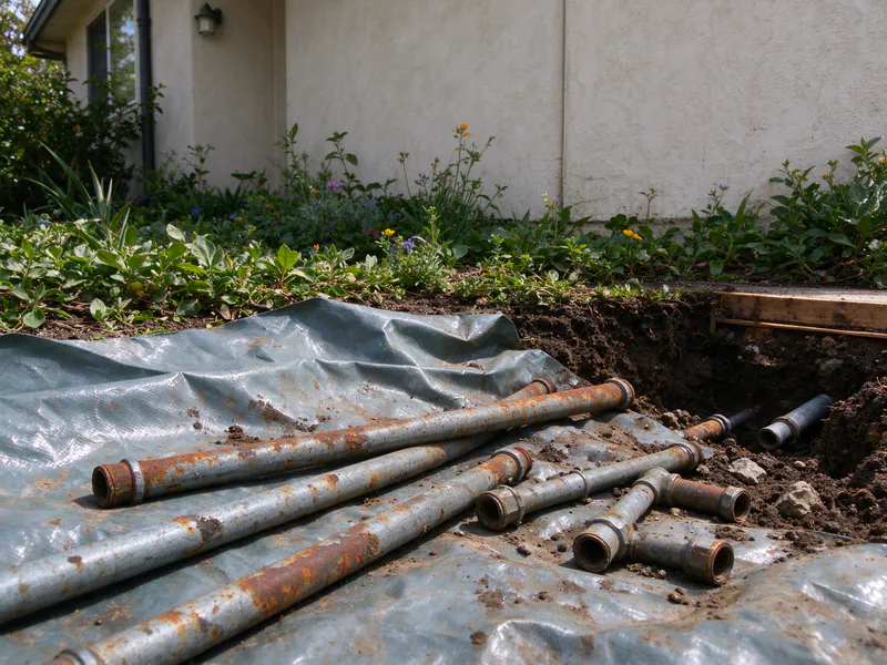 Removed lengths of rusted galvanized water service pipe on a tarp beside a trench