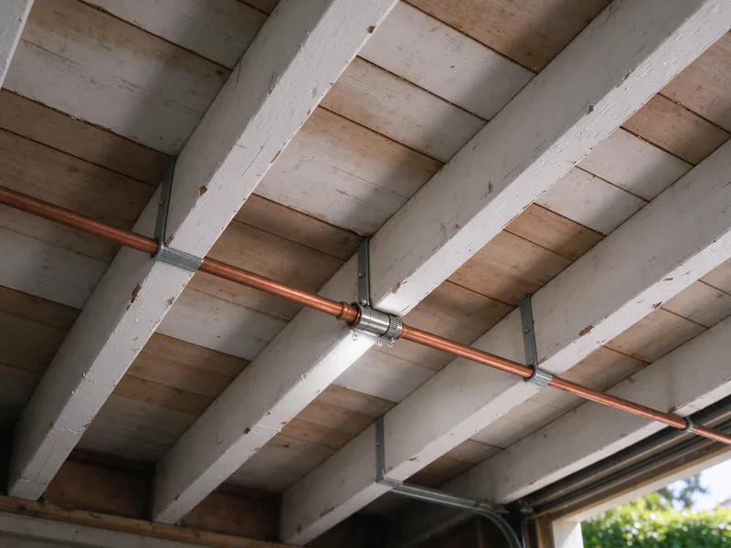 Repair coupling joining a copper water line across a joist in a San Francisco garage