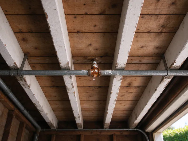 Rust-crusted galvanized tee with a drop of water hanging beneath it on a garage ceiling