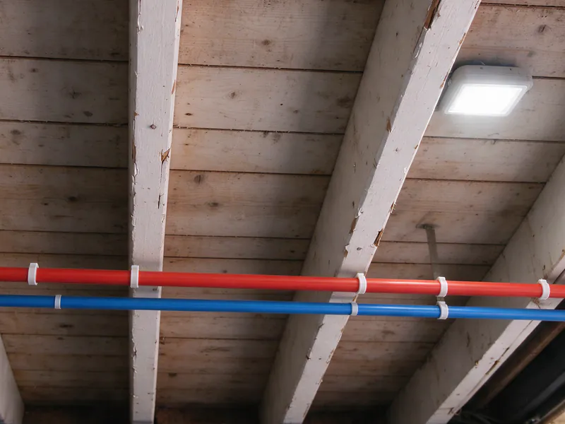 The same garage ceiling with new red and blue PEX lines in place of the galvanized pipe