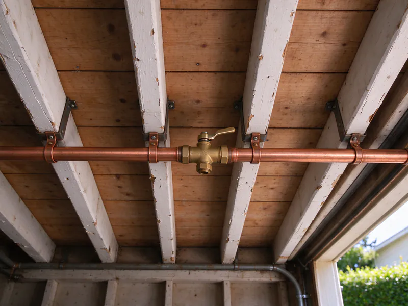 The same garage joists with a new copper main and ball valve after replacement