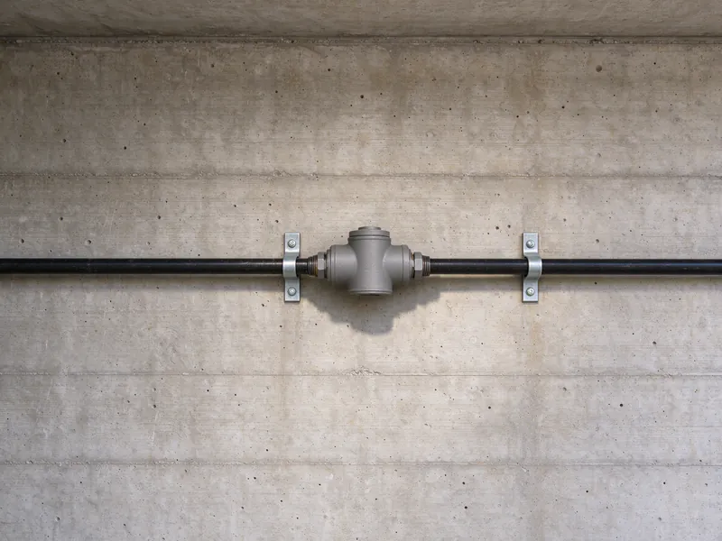 Seismic gas shutoff valve inline on a black iron gas line on a concrete wall