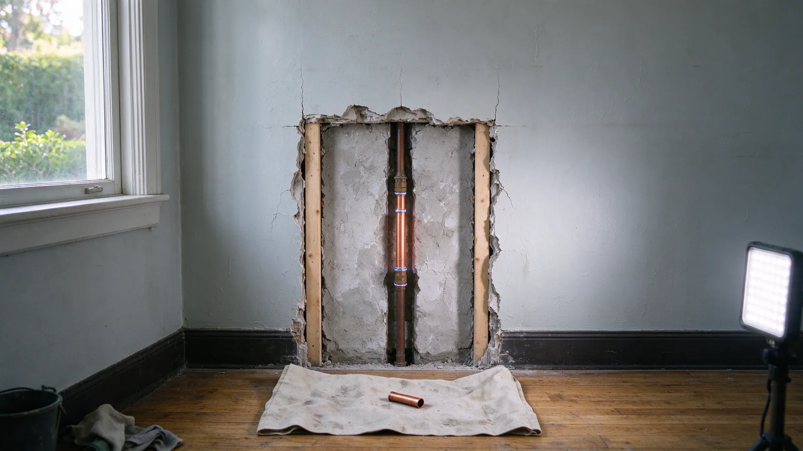 Short new copper section joined into an older copper line in an opened San Francisco wall, with the cut-out piece on a drop cloth
