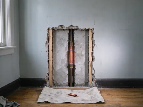 Short new copper section joined into an older copper line in an opened San Francisco wall, with the cut-out piece on a drop cloth