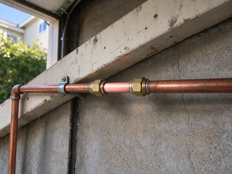 Short new copper section joined into an older copper line with two brass couplings