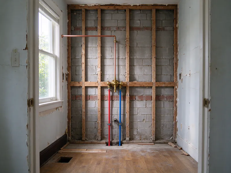 Shower valve rough-in with red and blue PEX lines and a copper riser between bare studs in a San Francisco bathroom