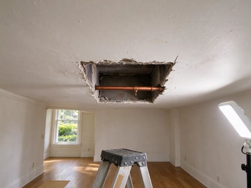 Small ceiling opening exposing a copper line with a drip in a San Francisco flat