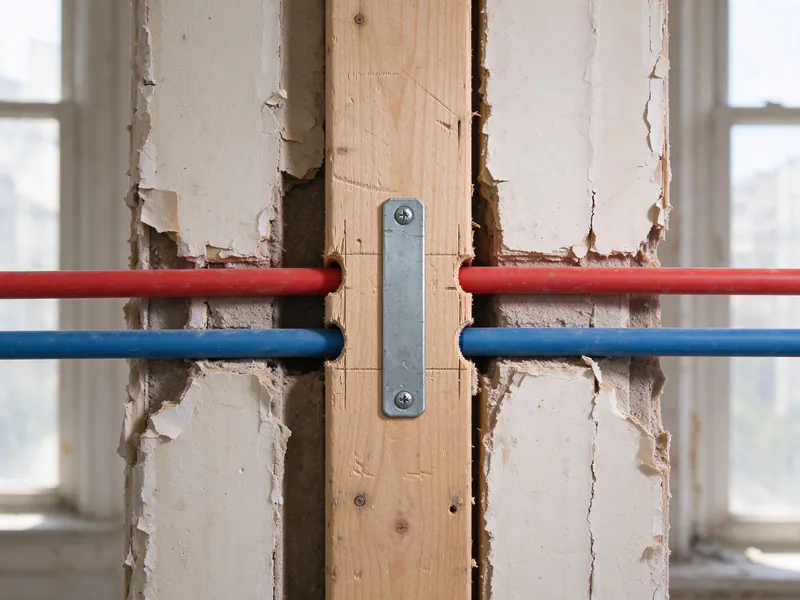 Steel nail plate protecting red and blue PEX lines through a notched stud