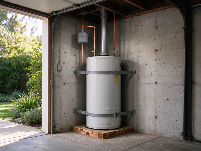 Strapped water heater on a platform in a San Francisco garage corner with new copper lines and an expansion tank