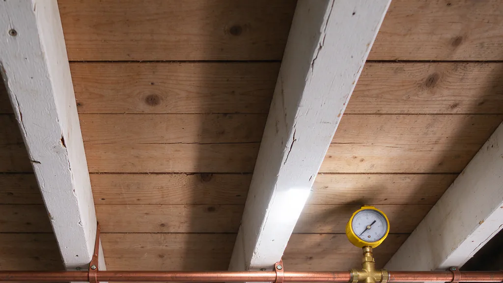 Test gauge on a new copper main waiting for inspection on garage joists