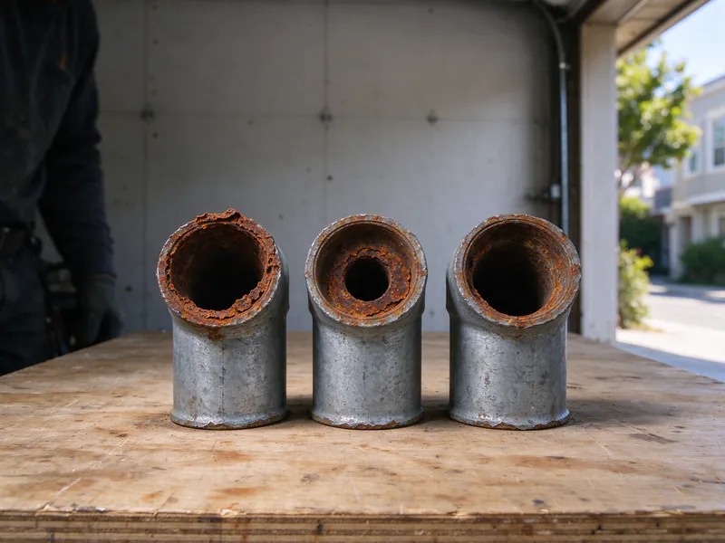 Three cut-off old galvanized elbows with rust scale narrowing their bores on a plywood bench in a San Francisco garage