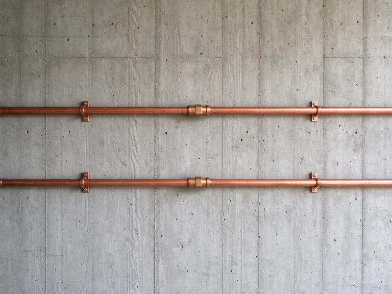 Two new copper water lines with press couplings on wall clamps along a San Francisco garage wall