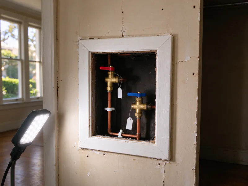 Two new unit shutoff valves with red and blue handles and blank tags behind an access opening in a San Francisco apartment