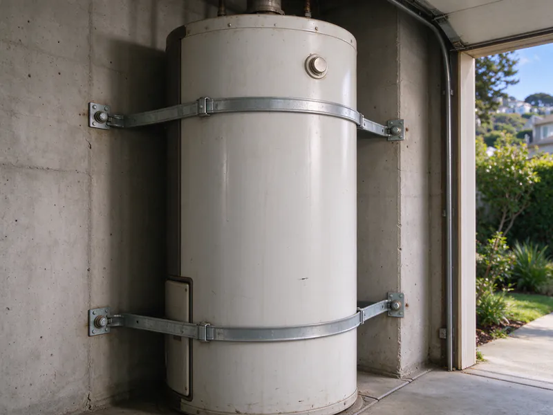 Two seismic straps securing a water heater to a garage wall in its upper and lower thirds