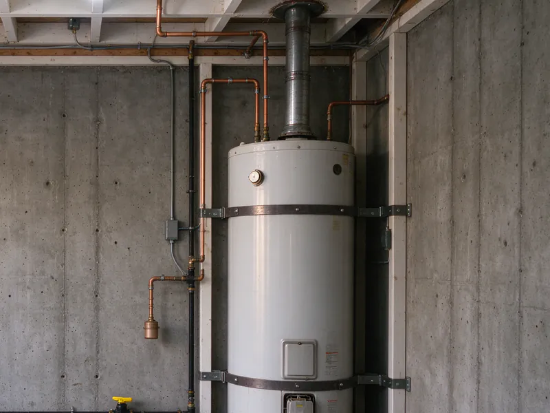 Water heater strapped on a garage platform with its supply lines and gas shutoff