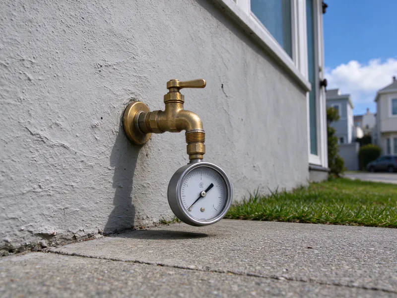 Water pressure gauge threaded onto a hose bibb on the stucco front wall of a San Francisco house