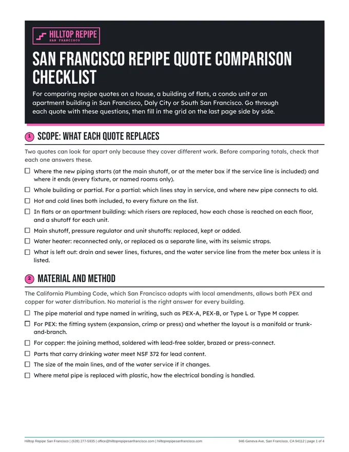 First page of the San Francisco repipe quote comparison checklist: what each quote replaces and the material and method
